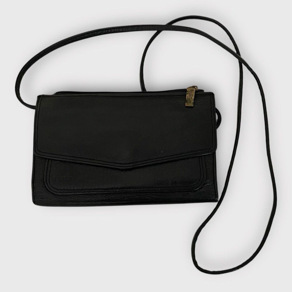 Vintage Fossil Black Leather Small Wallet Crossbody Purse Bag Phone Holder